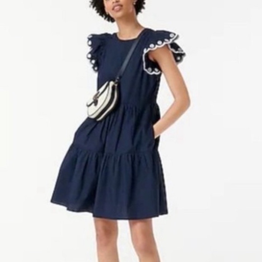 J. Crew Navy Tiered Embroidered Flutter Sleeves Cotton Dress w/ Pockets Large